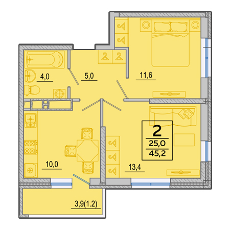 2 комнатная 45.2м²