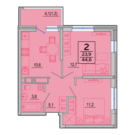 2 комнатная 44.6м²