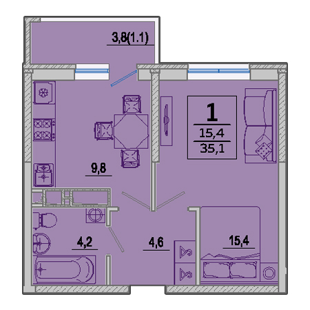 1 комнатная 35.1м²