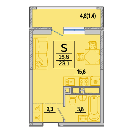 Студия 23.1м²