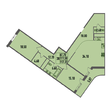 2 комнатная 117.37м²