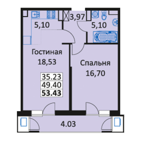 1 комнатная 53.43м²