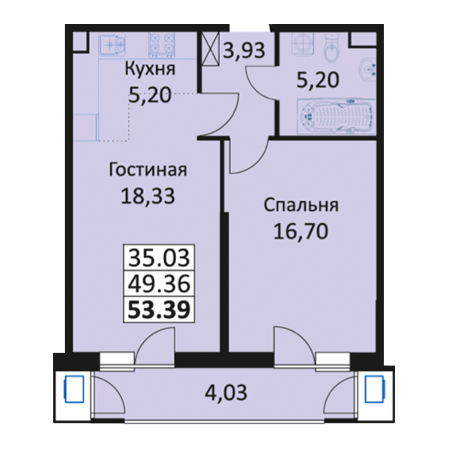 1 комнатная 53.39м²