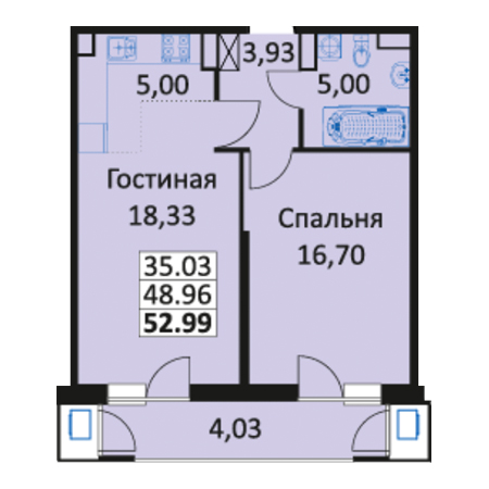 1 комнатная 52.99м²