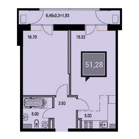 1 комнатная 51.28м²