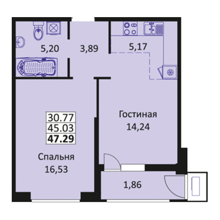 1 комнатная 47.29м²