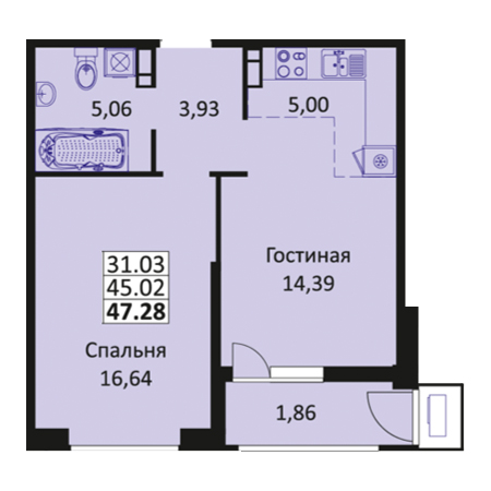 1 комнатная 47.28м²