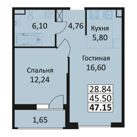 1 комнатная 47.15м²