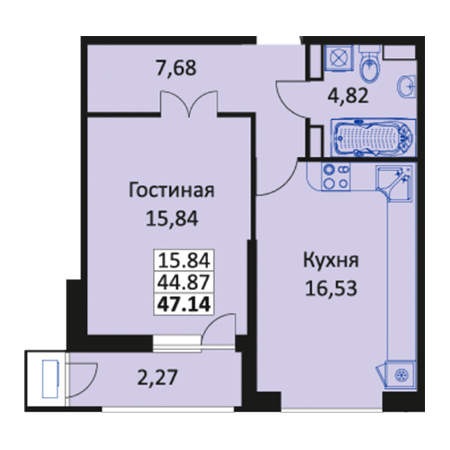 1 комнатная 47.14м²