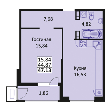 1 комнатная 47.13м²