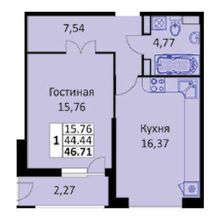 1 комнатная 46.71м²