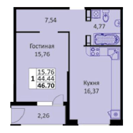 1 комнатная 46.7м²