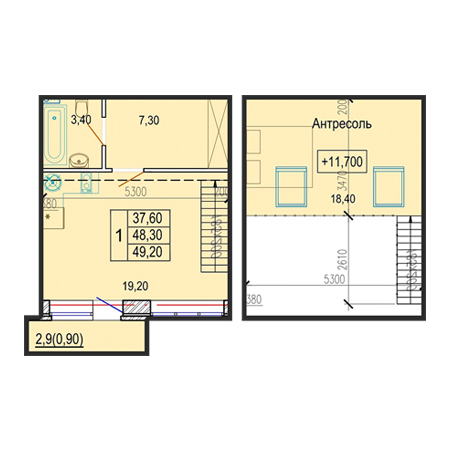 1 комнатная 49.2м²