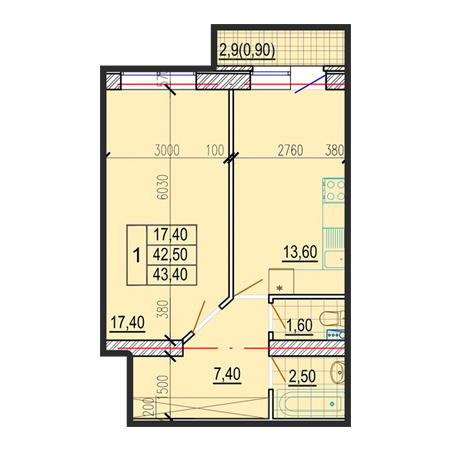 1 комнатная 43.4м²