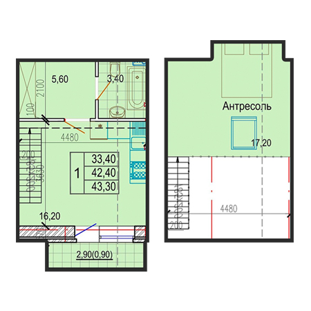 1 комнатная 43.3м²