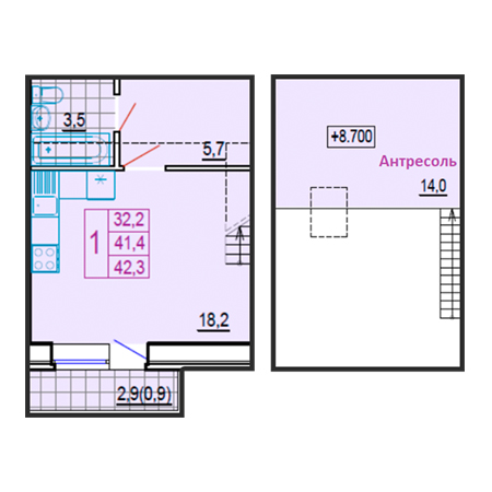 1 комнатная 42.3м²