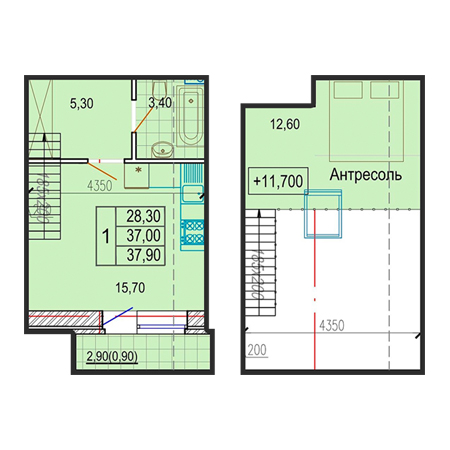 1 комнатная 37.9м²