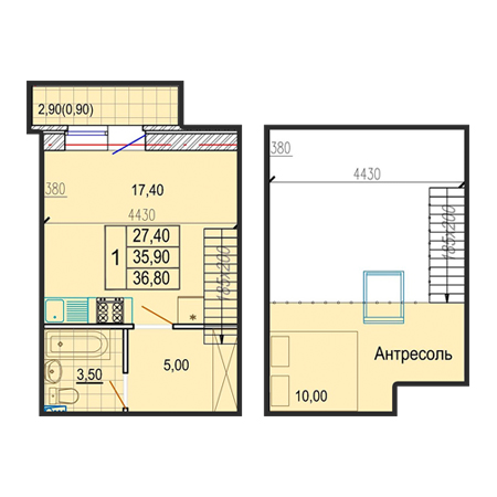 1 комнатная 36.8м²