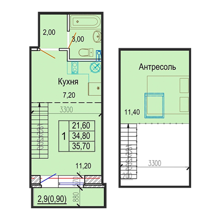 1 комнатная 35.7м²