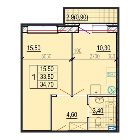 1 комнатная 34.7м²