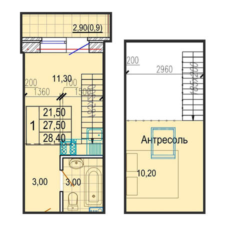 1 комнатная 28.4м²