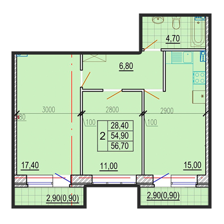 2 комнатная 56.7м²