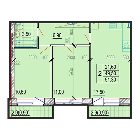 2 комнатная 51.3м²