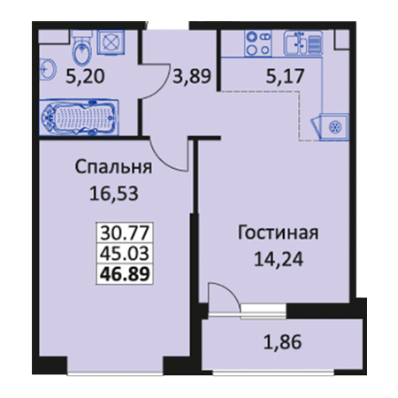 1 комнатная 46.89м²