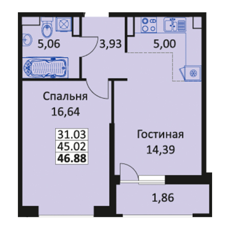 1 комнатная 46.88м²