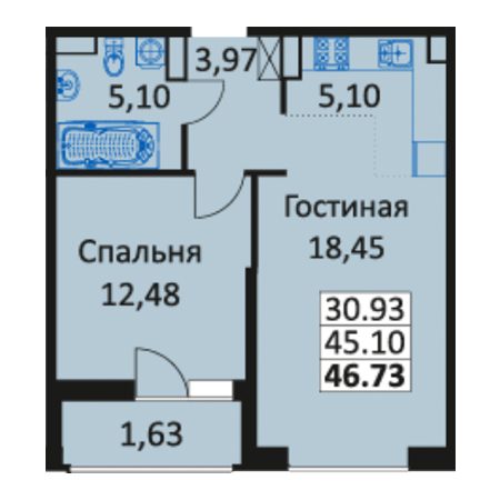 1 комнатная 46.73м²