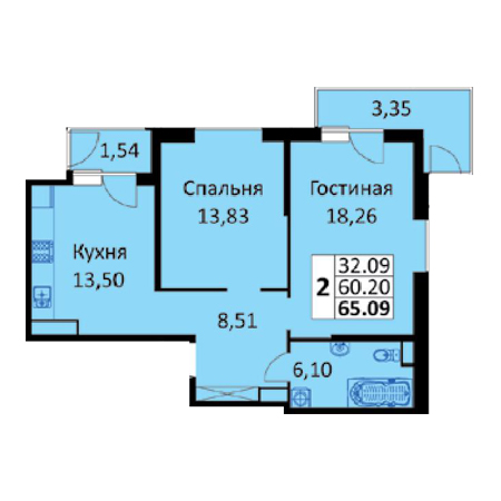 2 комнатная 65.09м²