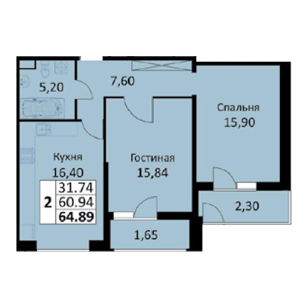 2 комнатная 64.89м²