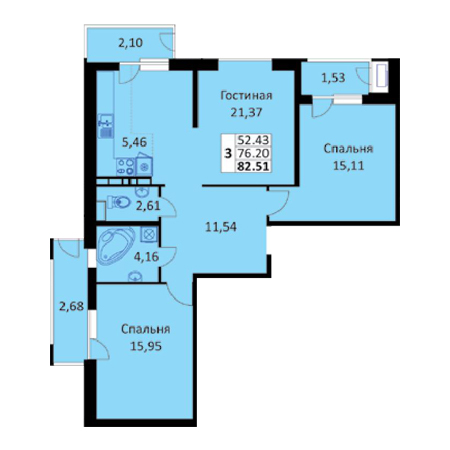 2 комнатная 82.51м²