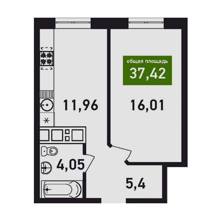 1 комнатная 37.42м²