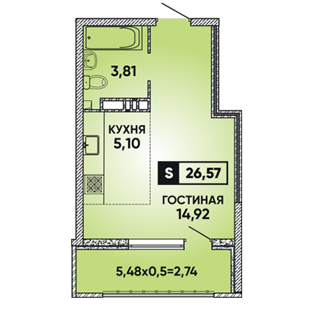 Студия 26.57м²