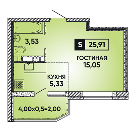 Студия 25.91м²