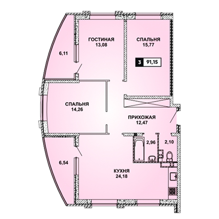 3 комнатная 91.15м²