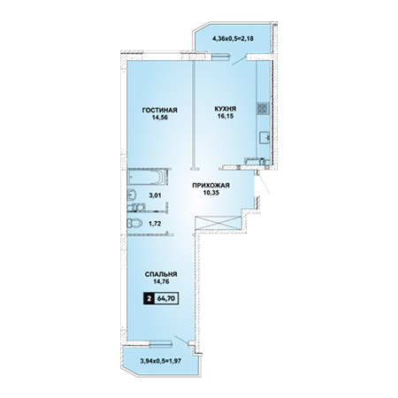 2 комнатная 64.7м²