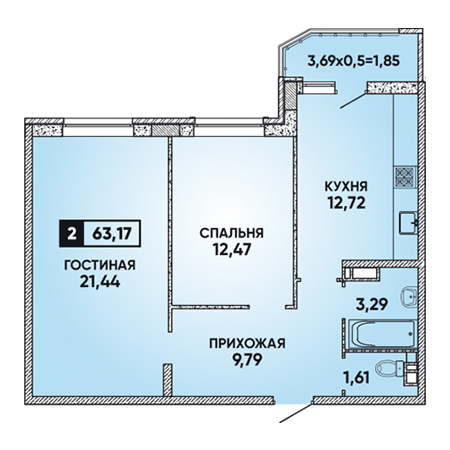 2 комнатная 63.17м²