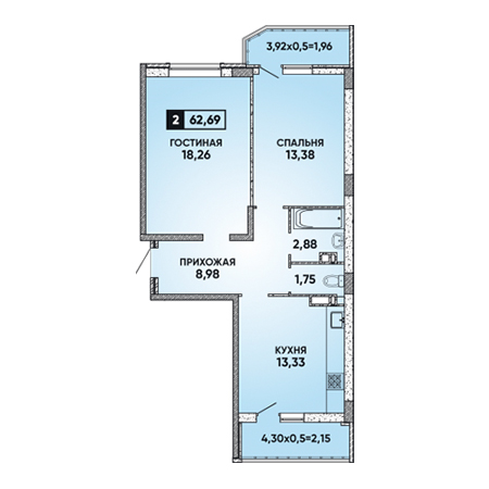 2 комнатная 62.69м²