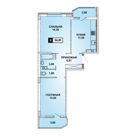 2 комнатная 56.81м²