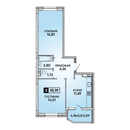 2 комнатная 55.39м²