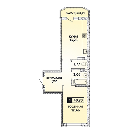 1 комнатная 40.9м²