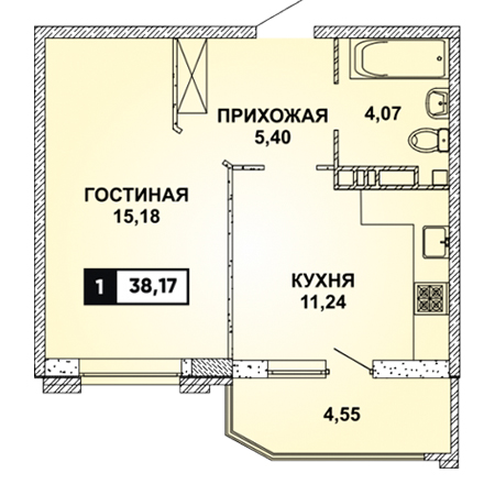 1 комнатная 38.17м²