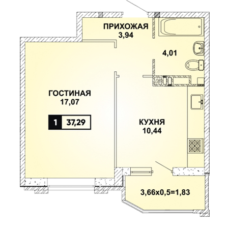 1 комнатная 37.29м²