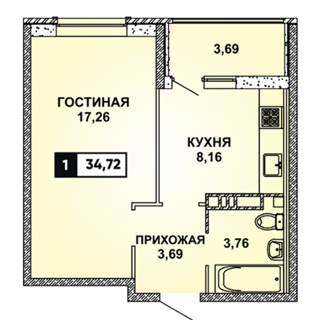 1 комнатная 34.72м²