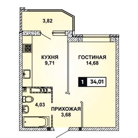 1 комнатная 34.01м²