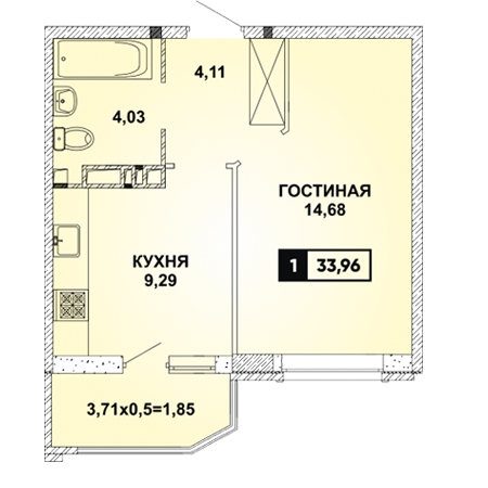 1 комнатная 33.96м²