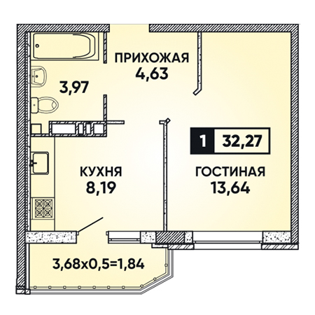 1 комнатная 32.27м²