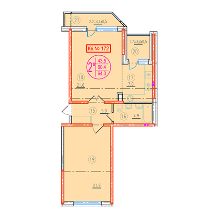 1 комнатная 64.3м²